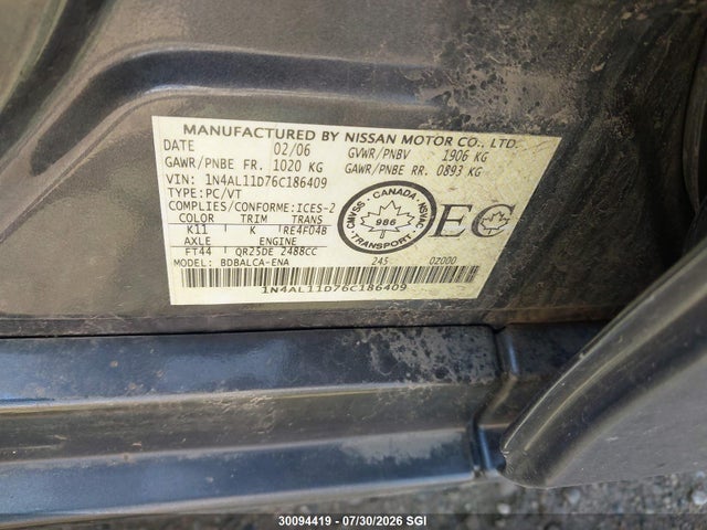 30094419 :رقم المزاد ، 1N4AL11D76C186409 vin ، 2006 Nissan Altima S/sl مزاد بيع