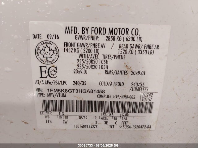 30095733 :رقم المزاد ، 1FM5K8GT3HGA81458 vin ، 2017 Ford Explorer Sport مزاد بيع