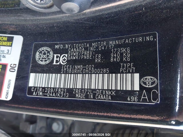 Продажа на аукционе авто 2017 Toyota Corolla L/le/xle/se/xse, vin: 2T1BURHE0HC900285, номер лота: 30095745