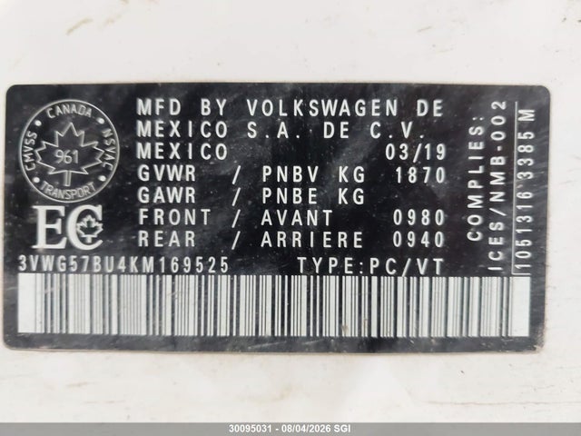 Продаж на аукціоні авто 2019 Volkswagen Jetta Sel Premium, vin: 3VWG57BU4KM169525, номер лоту: 30095031