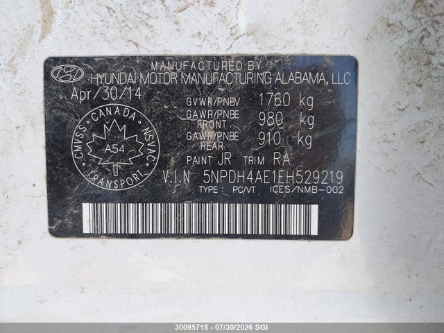2014 Hyundai Elantra Se/sport/limited მანქანა იყიდება აუქციონზე, vin: 5NPDH4AE1EH529219, აუქციონის ნომერი: 30095718