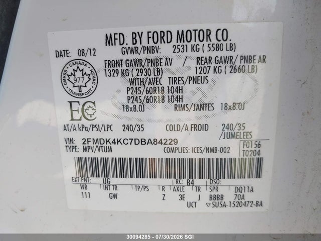 Продаж на аукціоні авто 2013 Ford Edge Limited, vin: 2FMDK4KC7DBA84229, номер лоту: 30094285