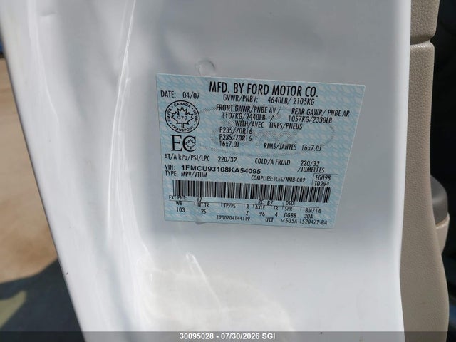 30095028 :رقم المزاد ، 1FMCU93108KA54095 vin ، 2008 Ford Escape Xlt مزاد بيع