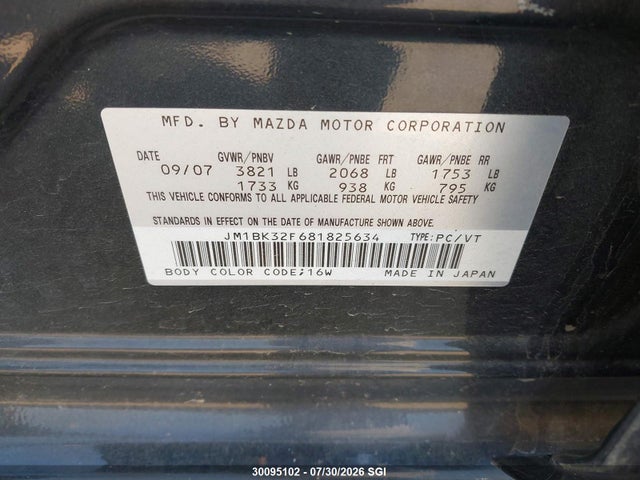 30095102 :رقم المزاد ، JM1BK32F681825634 vin ، 2008 Mazda 3 I مزاد بيع