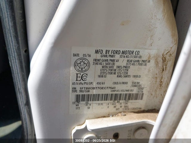 2016 Ford F350 Super Duty მანქანა იყიდება აუქციონზე, vin: 1FT8W3BT7GEC77543, აუქციონის ნომერი: 30093202