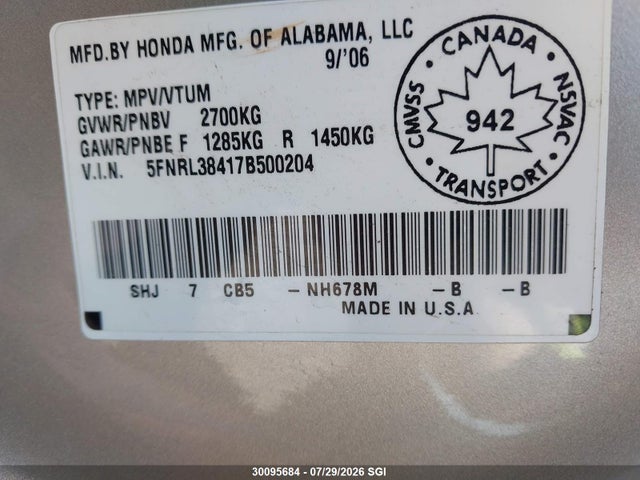 Продажа на аукционе авто 2007 Honda Odyssey Ex, vin: 5FNRL38417B500204, номер лота: 30095684