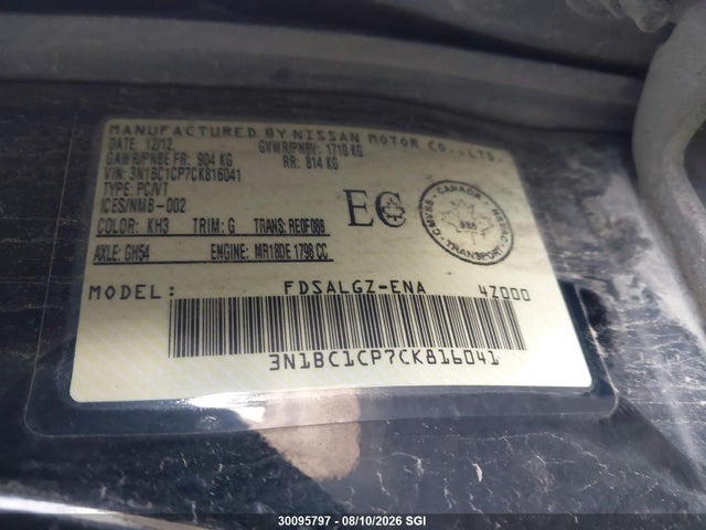 30095797 :رقم المزاد ، 3N1BC1CP7CK816041 vin ، 2012 Nissan Versa 1.8 S/1.8 Sl مزاد بيع