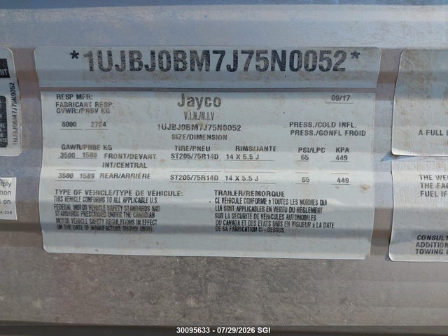 Aukcja sprzedaży 2018 Jayco , vin: 1UJBJ0BM7J75N0052, numer aukcji: 30095633