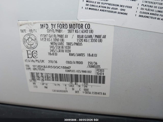2016 Ford Explorer Police Interceptor მანქანა იყიდება აუქციონზე, vin: 1FM5K8AR5GGC15947, აუქციონის ნომერი: 30095806
