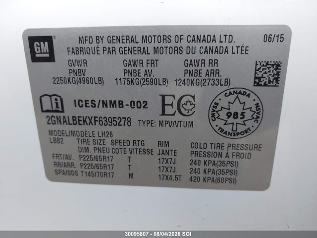 Продажа на аукционе авто 2015 Chevrolet Equinox Lt, vin: 2GNALBEKXF6395278, номер лота: 30095807