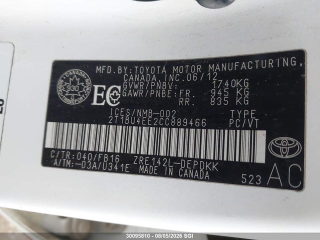 Продаж на аукціоні авто 2012 Toyota Corolla S/le, vin: 2T1BU4EE2CC889466, номер лоту: 30095810