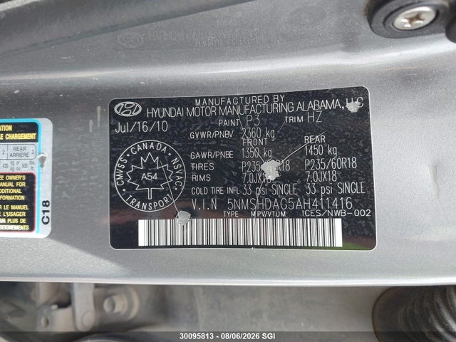 2010 Hyundai Santa Fe Se მანქანა იყიდება აუქციონზე, vin: 5NMSHDAG5AH411416, აუქციონის ნომერი: 30095813