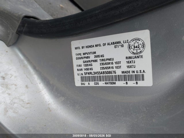 Продаж на аукціоні авто 2010 Honda Odyssey Ex, vin: 5FNRL3H55AB508676, номер лоту: 30095818