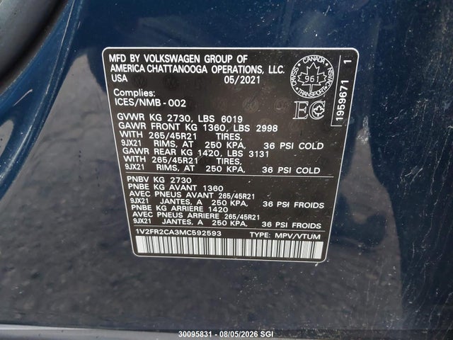 Продаж на аукціоні авто 2021 Volkswagen Atlas Sel Premium R-line, vin: 1V2FR2CA3MC592593, номер лоту: 30095831