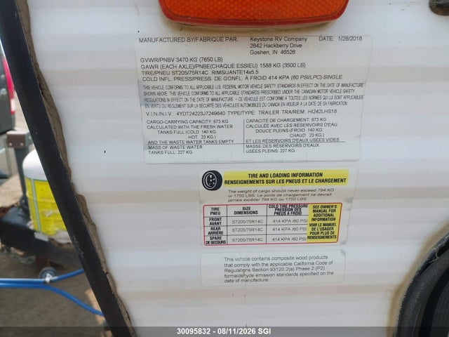 Продажа на аукционе авто 2018 Keystone Hideout Lhs, vin: 4YDT24223J7249640, номер лота: 30095832