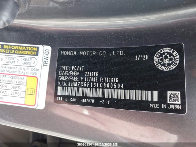 Продажа на аукционе авто 2020 Honda Clarity, vin: JHMZC5F13LC800594, номер лота: 30095834