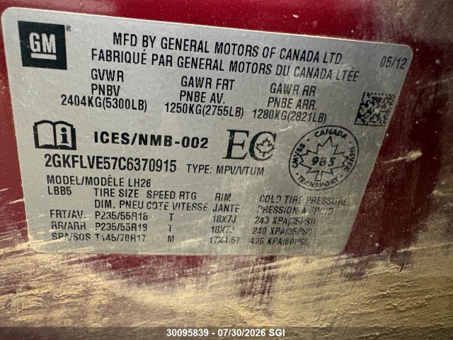 30095839 :رقم المزاد ، 2GKFLVE57C6370915 vin ، 2012 Gmc Terrain Slt مزاد بيع
