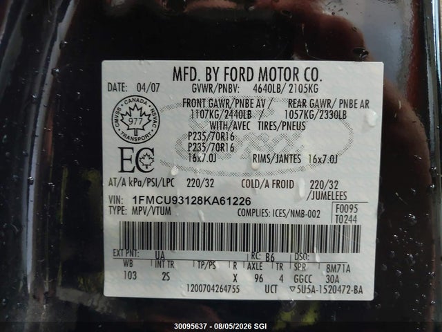 2008 Ford Escape Xlt მანქანა იყიდება აუქციონზე, vin: 1FMCU93128KA61226, აუქციონის ნომერი: 30095637