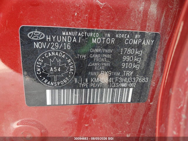 Продажа на аукционе авто 2017 Hyundai Elantra Se/value/limited, vin: KMHD84LF3HU337683, номер лота: 30094683