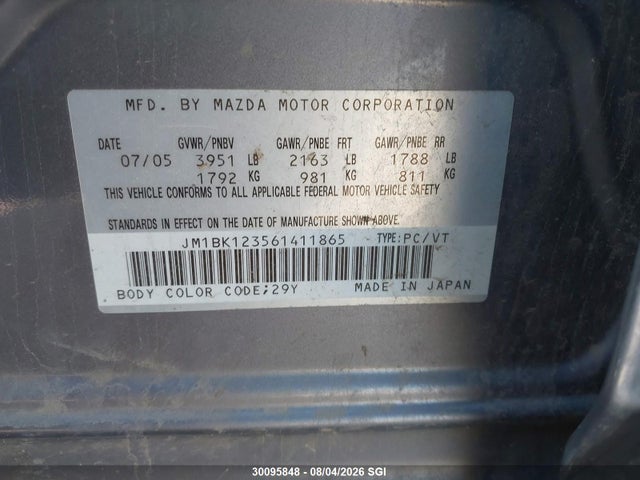 30095848 :رقم المزاد ، JM1BK123561411865 vin ، 2006 Mazda 3 S مزاد بيع
