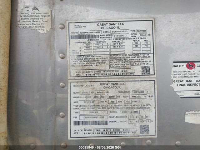 Продаж на аукціоні авто 2021 Great Dane Trailers Great Dane Trailer Dry Van, vin: 1GR1A0629MB314269, номер лоту: 30095849