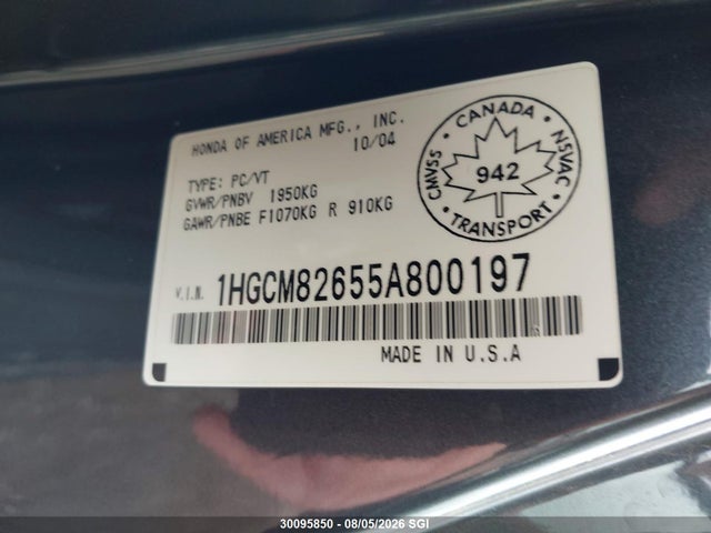 Продажа на аукционе авто 2005 Honda Accord Ex, vin: 1HGCM82655A800197, номер лота: 30095850