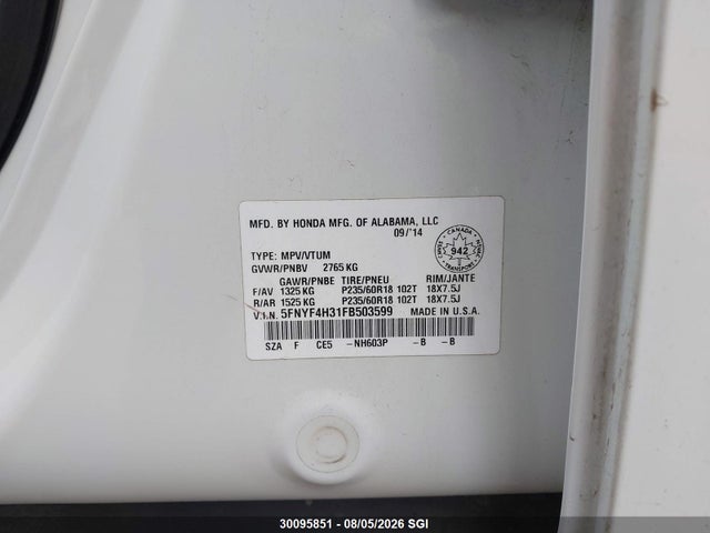 Honda PILOT SE 2015 5FNYF4H31FB503599 Image 9