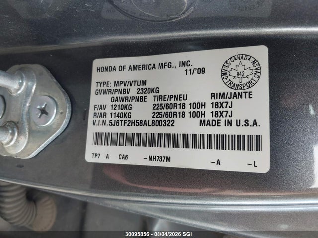 Aukcja sprzedaży 2010 Honda Accord Crosstour Exl, vin: 5J6TF2H58AL800322, numer aukcji: 30095856