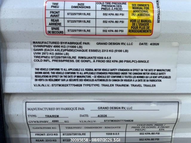 30095858 :رقم المزاد ، 573TM302XT7704828 vin ، 2026 Grand Design Rv Momentum مزاد بيع