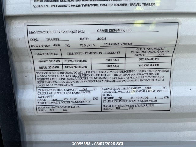 30095858 :رقم المزاد ، 573TM302XT7704828 vin ، 2026 Grand Design Rv Momentum مزاد بيع