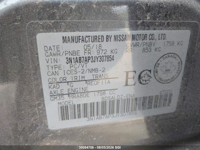 Nissan Sentra 2018 3N1AB7AP3JY307854 Image 9