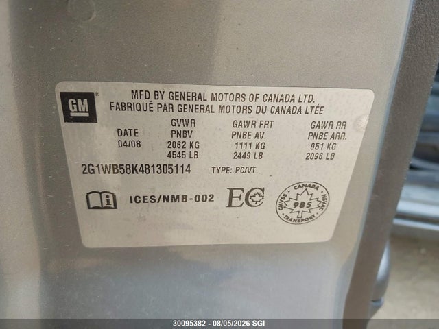 2008 Chevrolet Impala Ls მანქანა იყიდება აუქციონზე, vin: 2G1WB58K481305114, აუქციონის ნომერი: 30095382