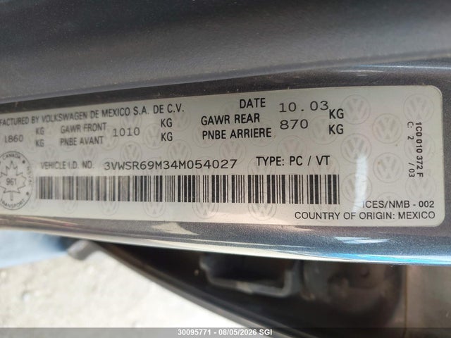 Продажа на аукционе авто 2004 Volkswagen Jetta Gls Tdi, vin: 3VWSR69M34M054027, номер лота: 30095771