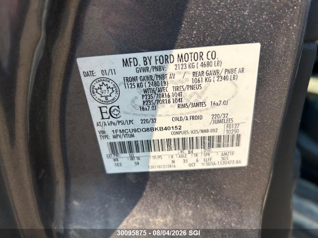 30095875 :رقم المزاد ، 1FMCU9DG8BKB40152 vin ، 2011 Ford Escape Xlt مزاد بيع