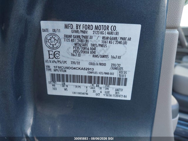 30095883 :رقم المزاد ، 1FMCU9DG4CKA52913 vin ، 2012 Ford Escape Xlt مزاد بيع