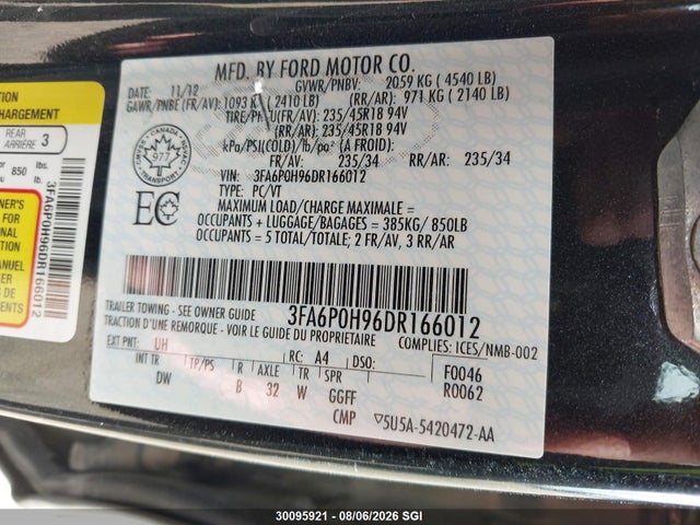 2013 Ford Fusion Se მანქანა იყიდება აუქციონზე, vin: 3FA6P0H96DR166012, აუქციონის ნომერი: 30095921