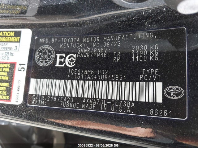 Aukcja sprzedaży 2024 Toyota Camry Se Night Shade/se, vin: 4T1G11AK4RU845954, numer aukcji: 30095922