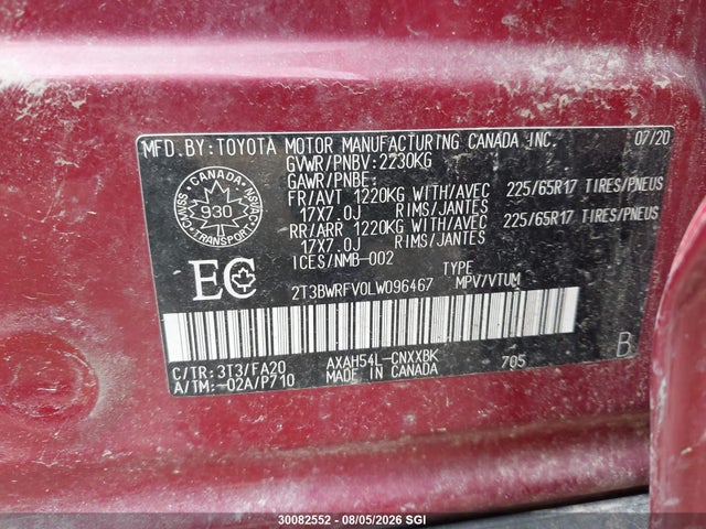 30082552 :رقم المزاد ، 2T3BWRFV0LW096467 vin ، 2020 Toyota Rav4 Hybrid Le مزاد بيع