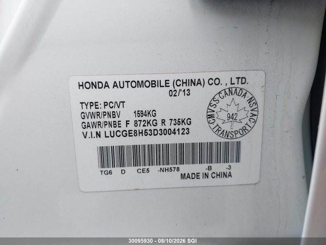 2013 Honda Fit Lx მანქანა იყიდება აუქციონზე, vin: LUCGE8H53D3004123, აუქციონის ნომერი: 30095930