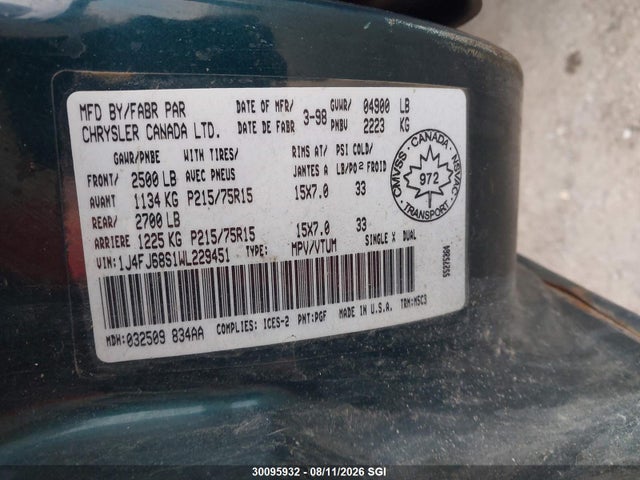 30095932 :رقم المزاد ، 1J4FJ68S1WL229451 vin ، 1998 Jeep Cherokee Sport/classic مزاد بيع
