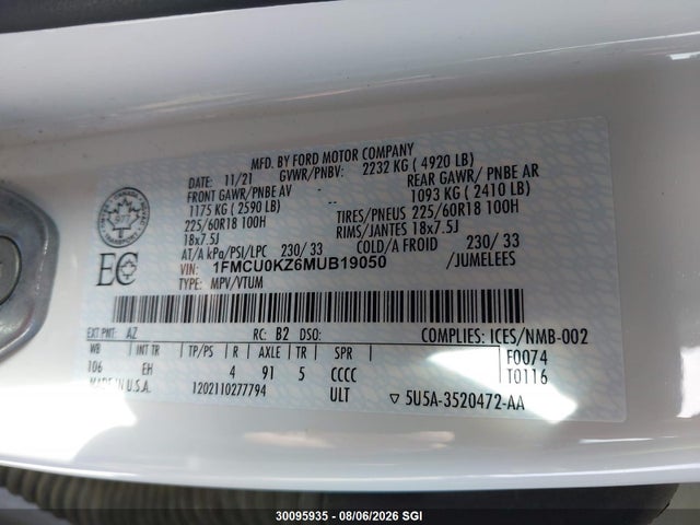 30095935 :رقم المزاد ، 1FMCU0KZ6MUB19050 vin ، 2021 Ford Escape Sel مزاد بيع