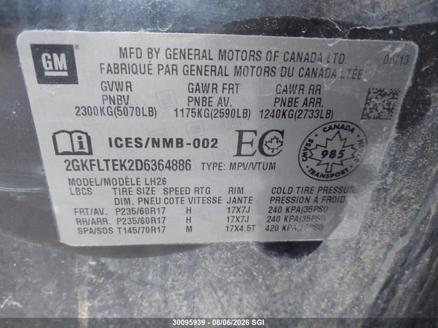 2013 Gmc Terrain Sle მანქანა იყიდება აუქციონზე, vin: 2GKFLTEK2D6364886, აუქციონის ნომერი: 30095939