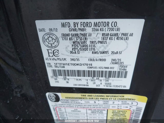 2013 Ford F150 Supercrew მანქანა იყიდება აუქციონზე, vin: 1FTFW1ET0DKD17515, აუქციონის ნომერი: 30095941