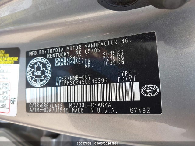 Aukcja sprzedaży 2005 Toyota Camry Le/xle/se, vin: 4T1BF30K45U615396, numer aukcji: 30087556