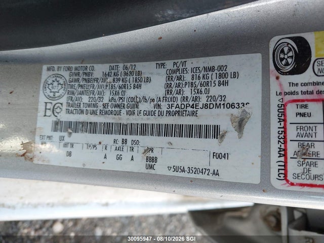 30095947 :رقم المزاد ، 3FADP4EJ8DM106338 vin ، 2013 Ford Fiesta Se مزاد بيع