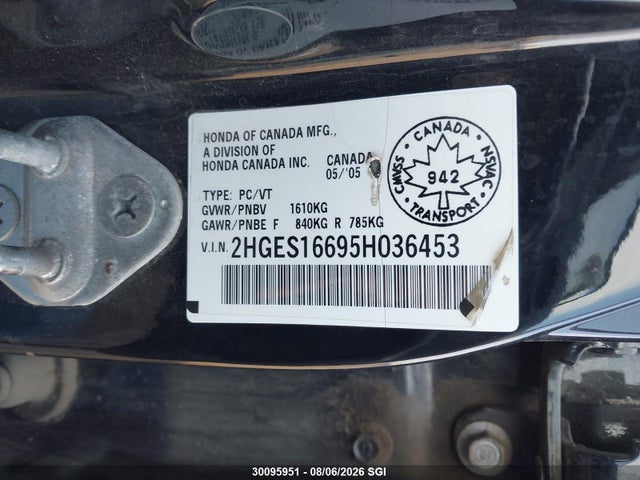 Aukcja sprzedaży 2005 Honda Civic Lx, vin: 2HGES16695H036453, numer aukcji: 30095951