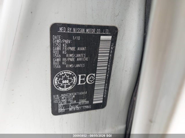 Aukcja sprzedaży 2010 Nissan Cube S/sl/krom, vin: JN8AZ2KR3AT160654, numer aukcji: 30095952
