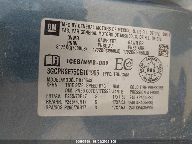2012 Chevrolet Silverado K1500 Lt მანქანა იყიდება აუქციონზე, vin: 3GCPKSE75CG101996, აუქციონის ნომერი: 30095649