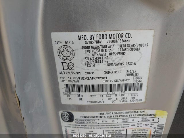Продажа на аукционе авто 2010 Ford F-150 Fx4/harley-davidson/king Ranch/lariat/platinum/xlt, vin: 1FTFW1EV2AFC32181, номер лота: 30095360