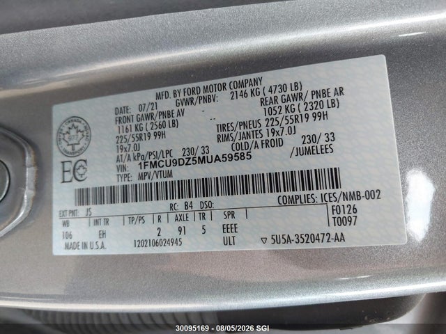 Aukcja sprzedaży 2021 Ford Escape Titanium, vin: 1FMCU9DZ5MUA59585, numer aukcji: 30095169